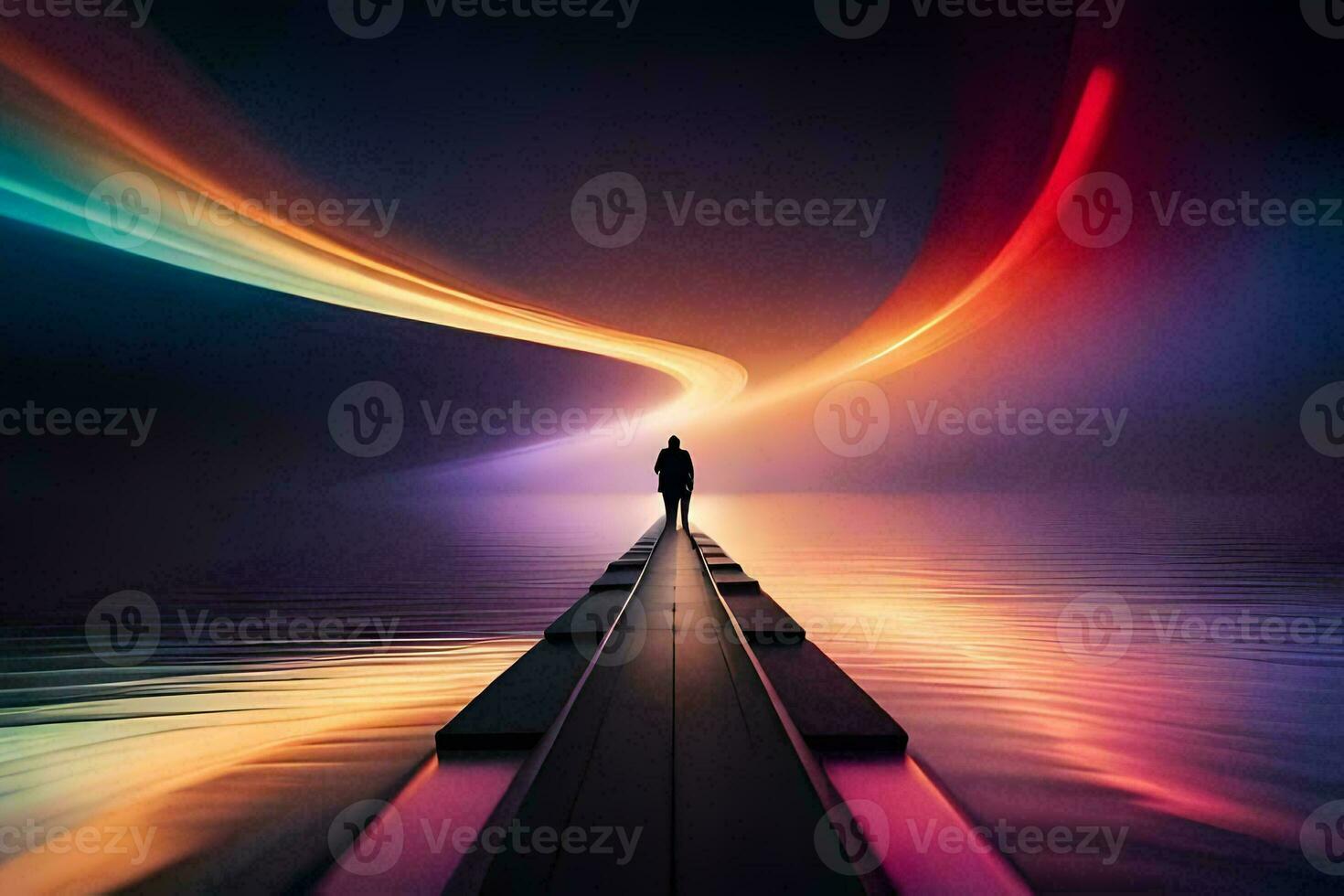 a man stands on a dock looking at the water. AI-Generated photo