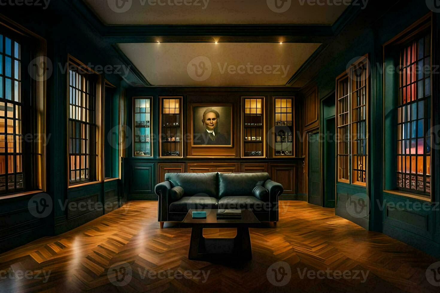 a room with a leather couch and a painting on the wall. AI-Generated photo