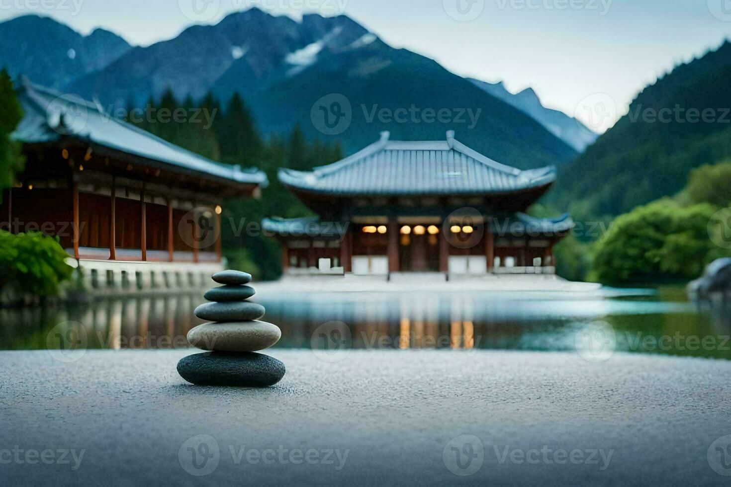 a stack of stones in front of a lake and mountains. AI-Generated photo