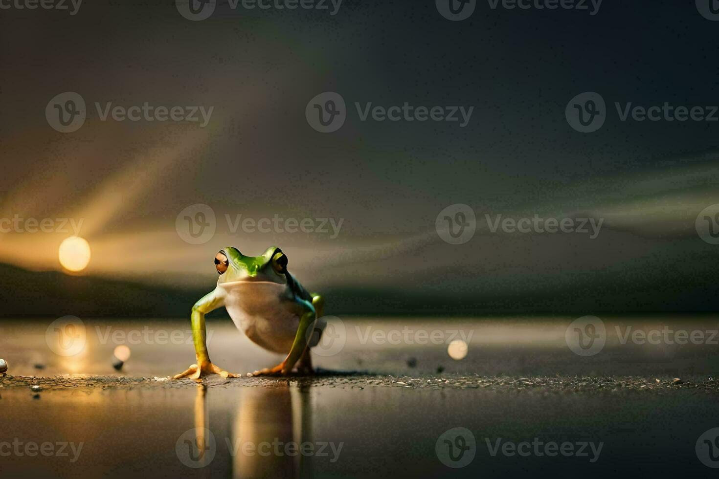 a frog standing on the shore at night. AI-Generated photo