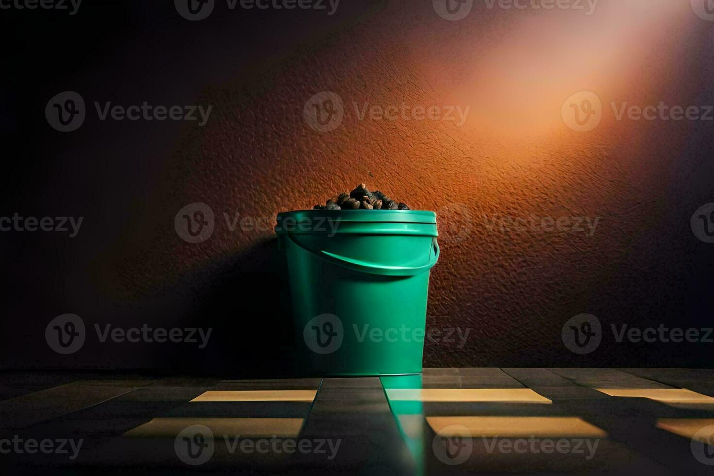 a green bucket sitting on a checkered floor. AI-Generated photo
