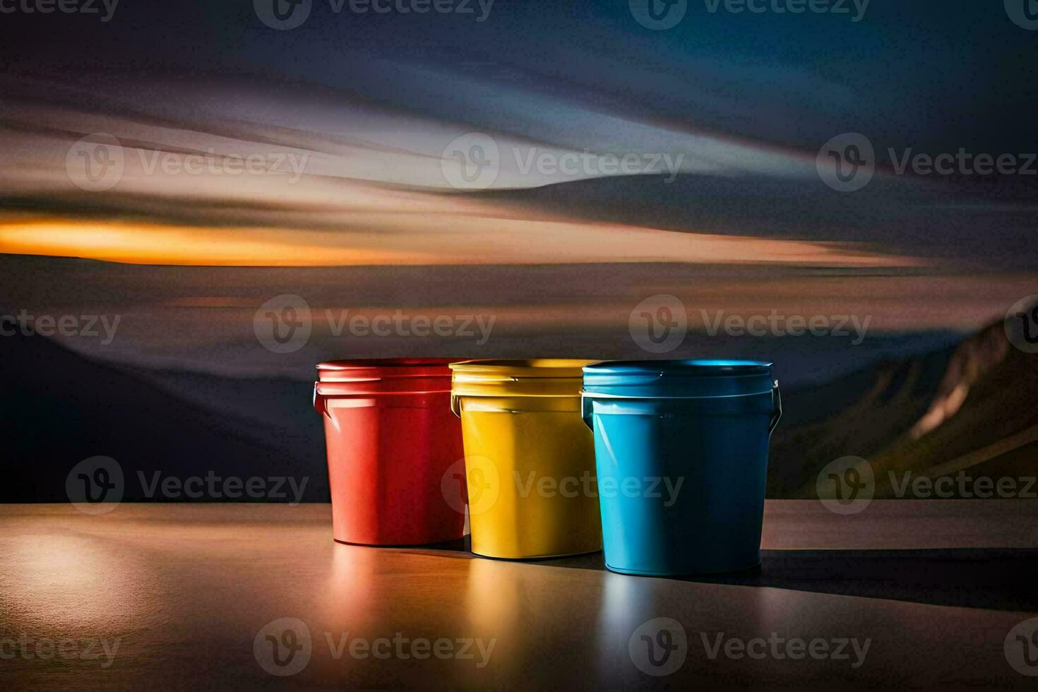 three buckets sit on a table with a sunset in the background. AI-Generated photo