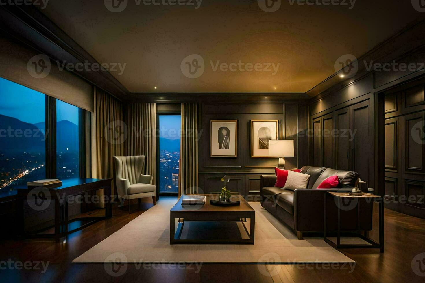 a living room with a view of the mountains at night. AI-Generated photo