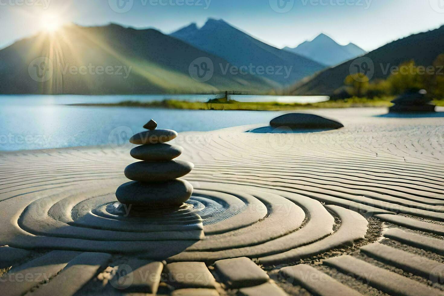 a zen garden in the mountains. AI-Generated photo