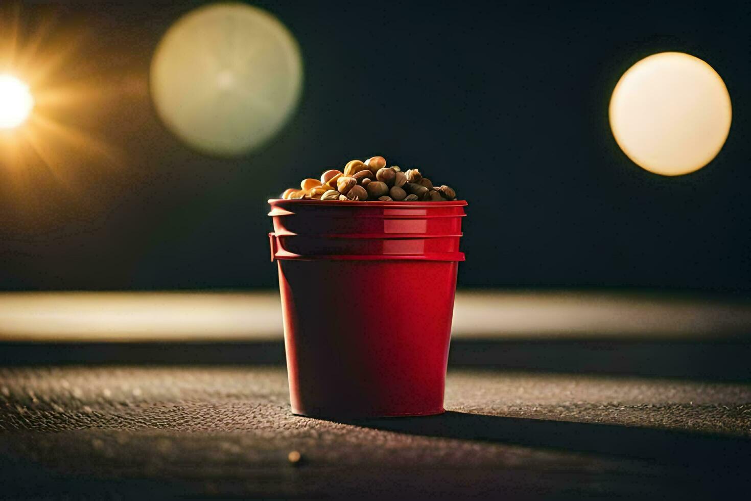a red cup filled with popcorn on a table. AI-Generated photo