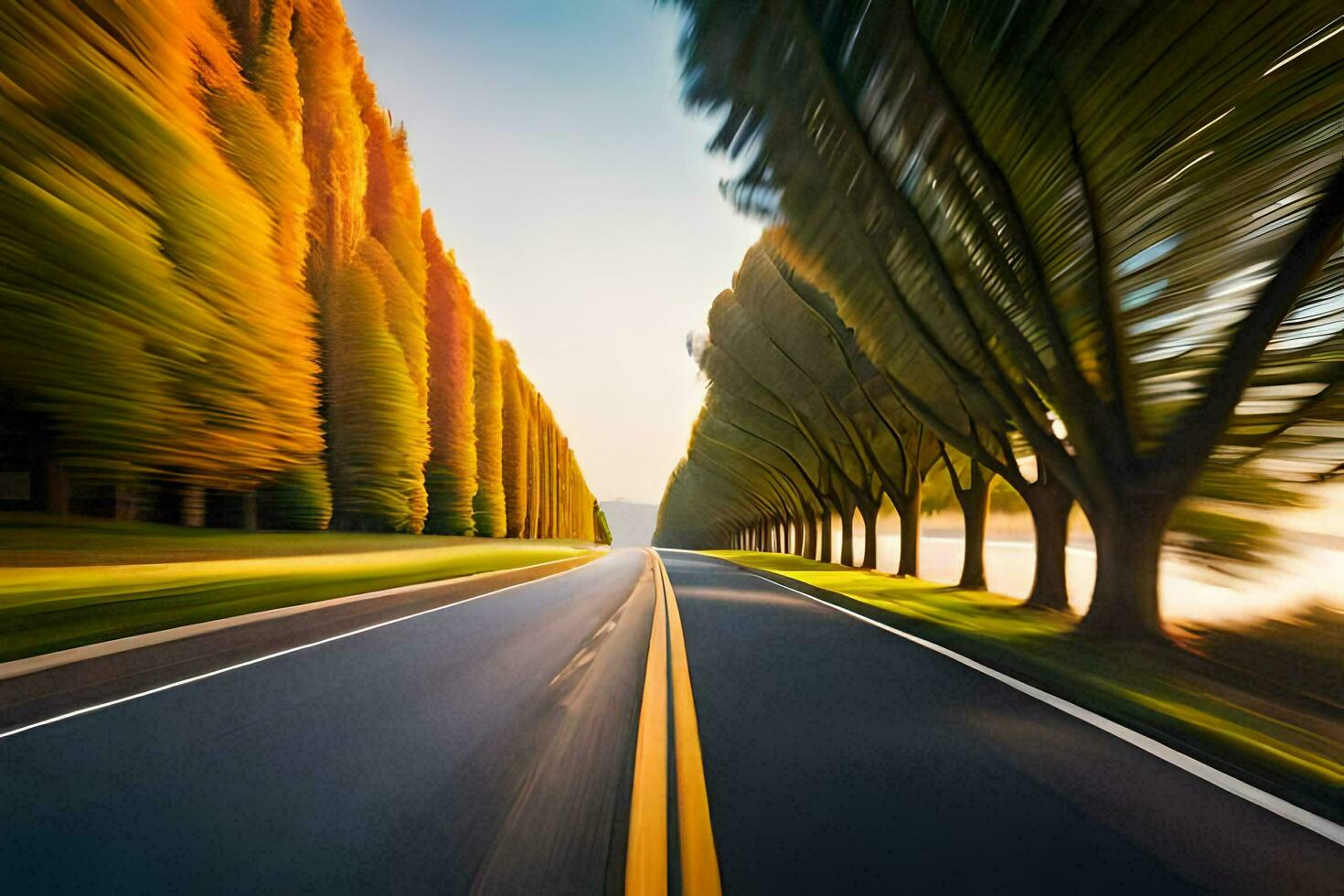 a blurry image of a road with trees. AI-Generated photo