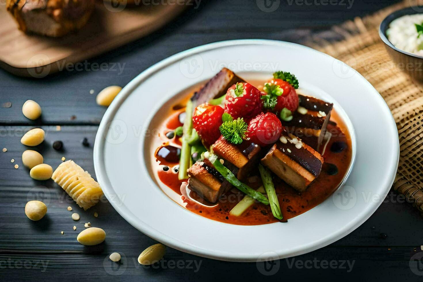 a plate of food with strawberries and tofu. AI-Generated photo