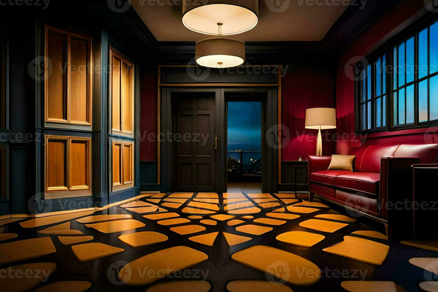 a room with a red couch and a black and gold floor. AI-Generated photo