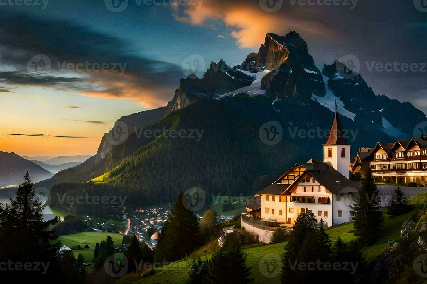 the sun sets over the mountains in the swiss alps. AI-Generated photo