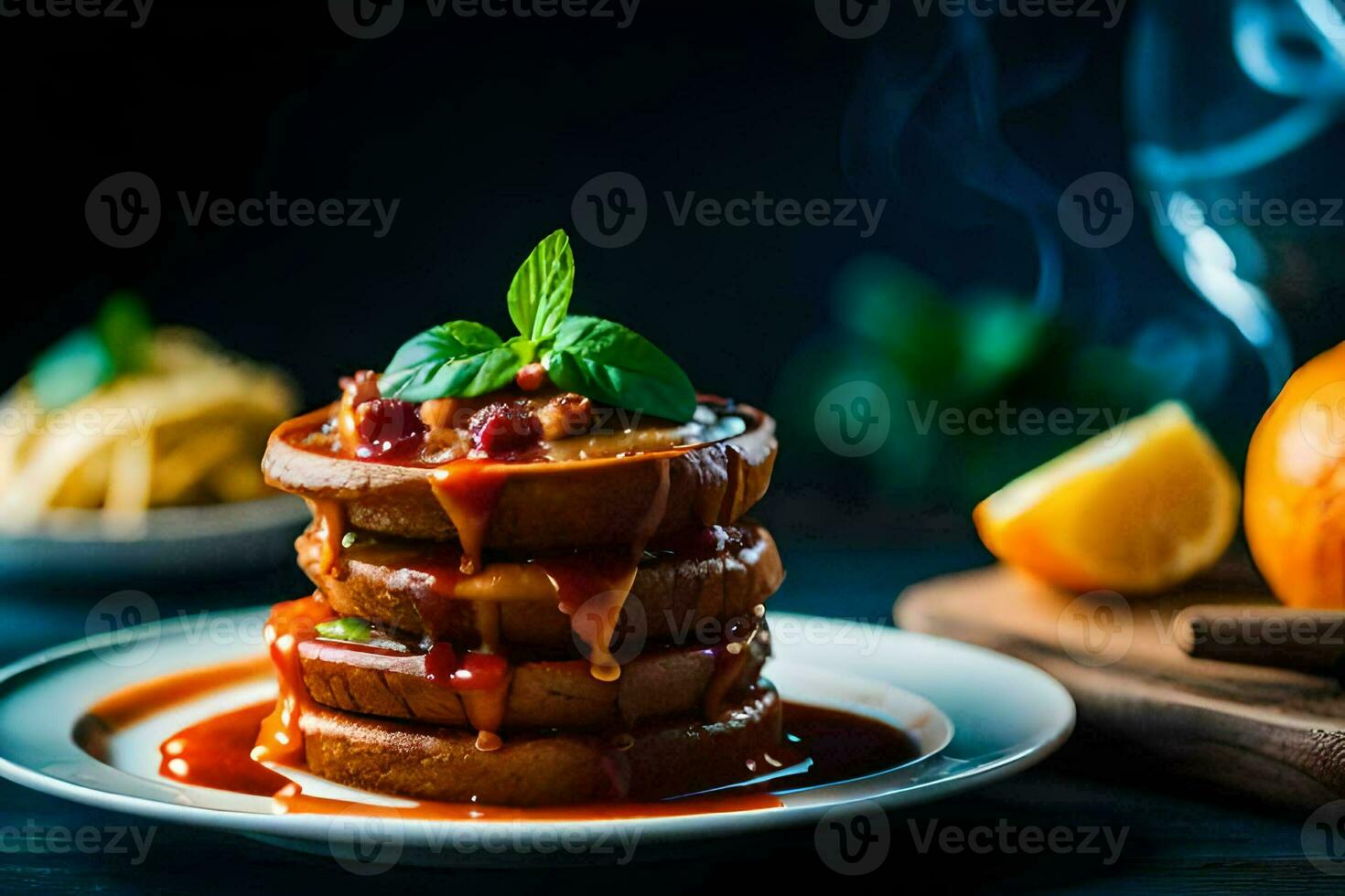 a stack of pancakes with sauce and orange slices. AI-Generated photo
