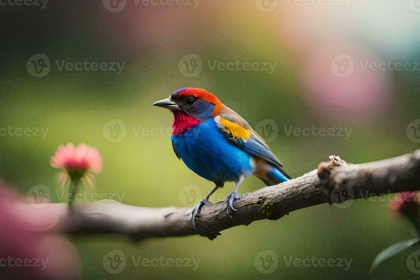 a colorful bird sits on a branch. AI-Generated photo