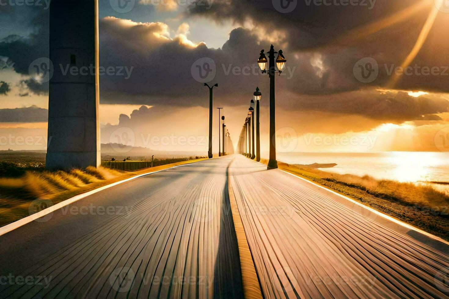 a long road with a sunset in the background. AI-Generated photo