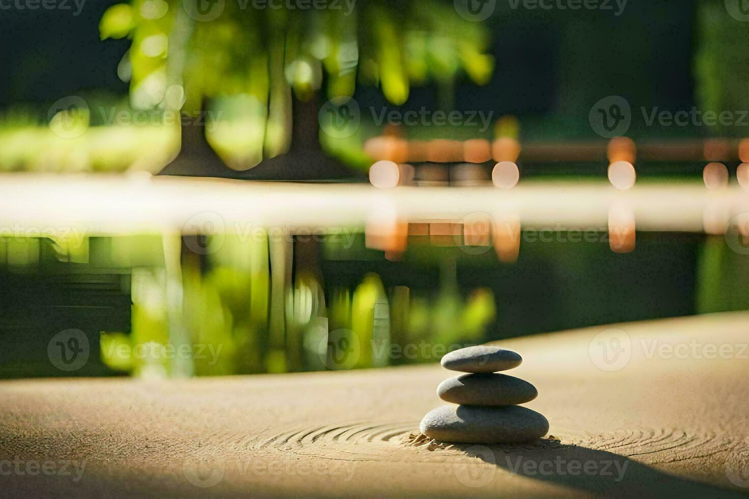 a stack of stones sitting on the sand near a lake. AI-Generated photo