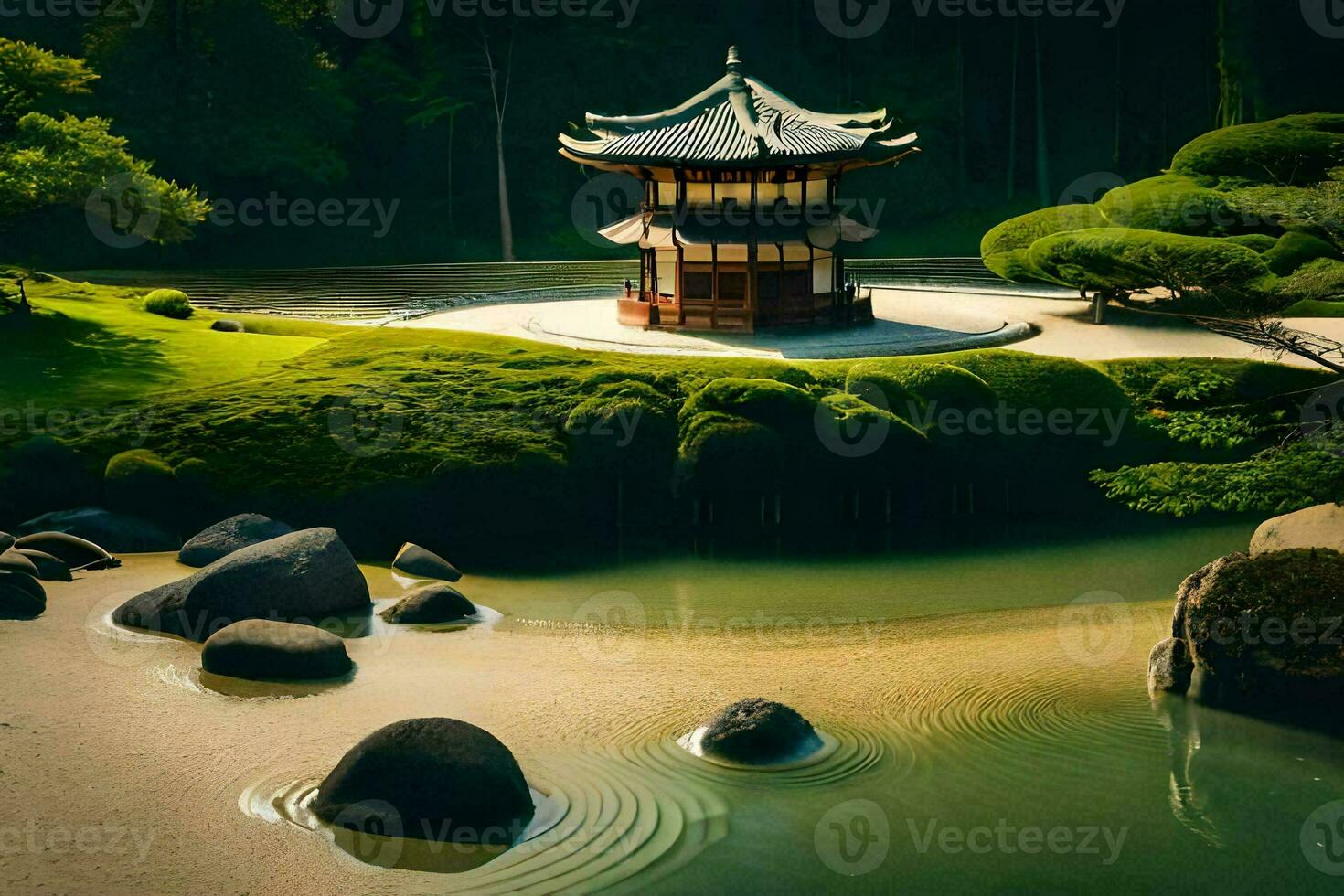 a pagoda sits in the middle of a pond surrounded by rocks. AI-Generated photo