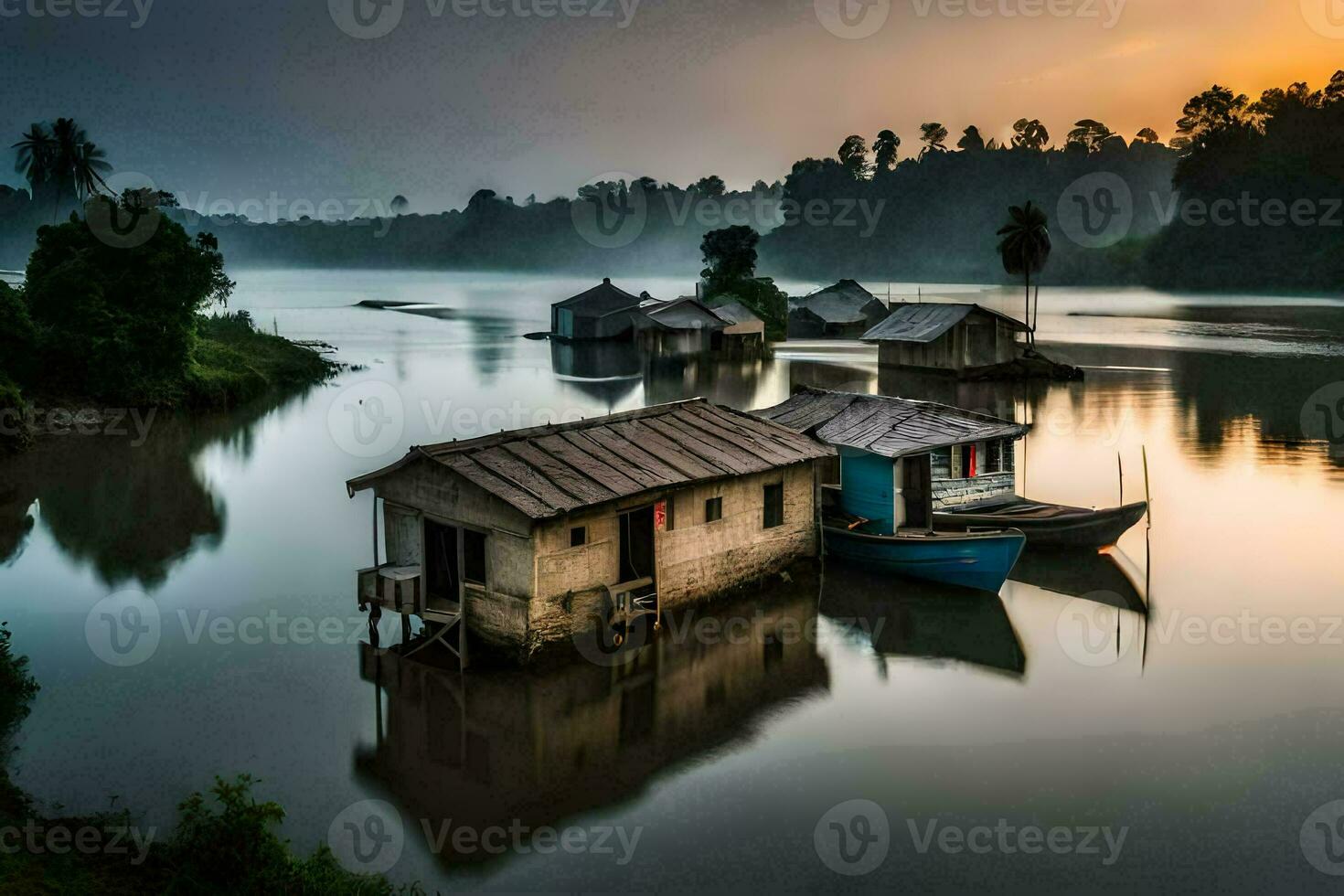 boats are docked in the water at sunrise. AI-Generated photo
