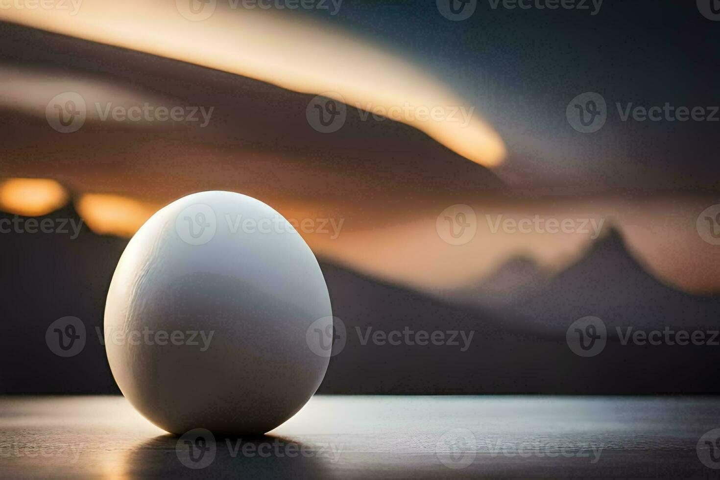 an egg sitting on a table with a mountain in the background. AI-Generated photo