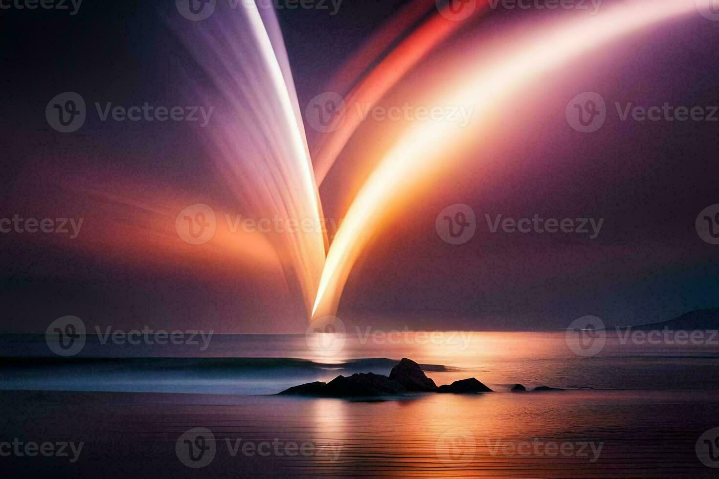 a colorful light trail is seen over the ocean. AI-Generated photo