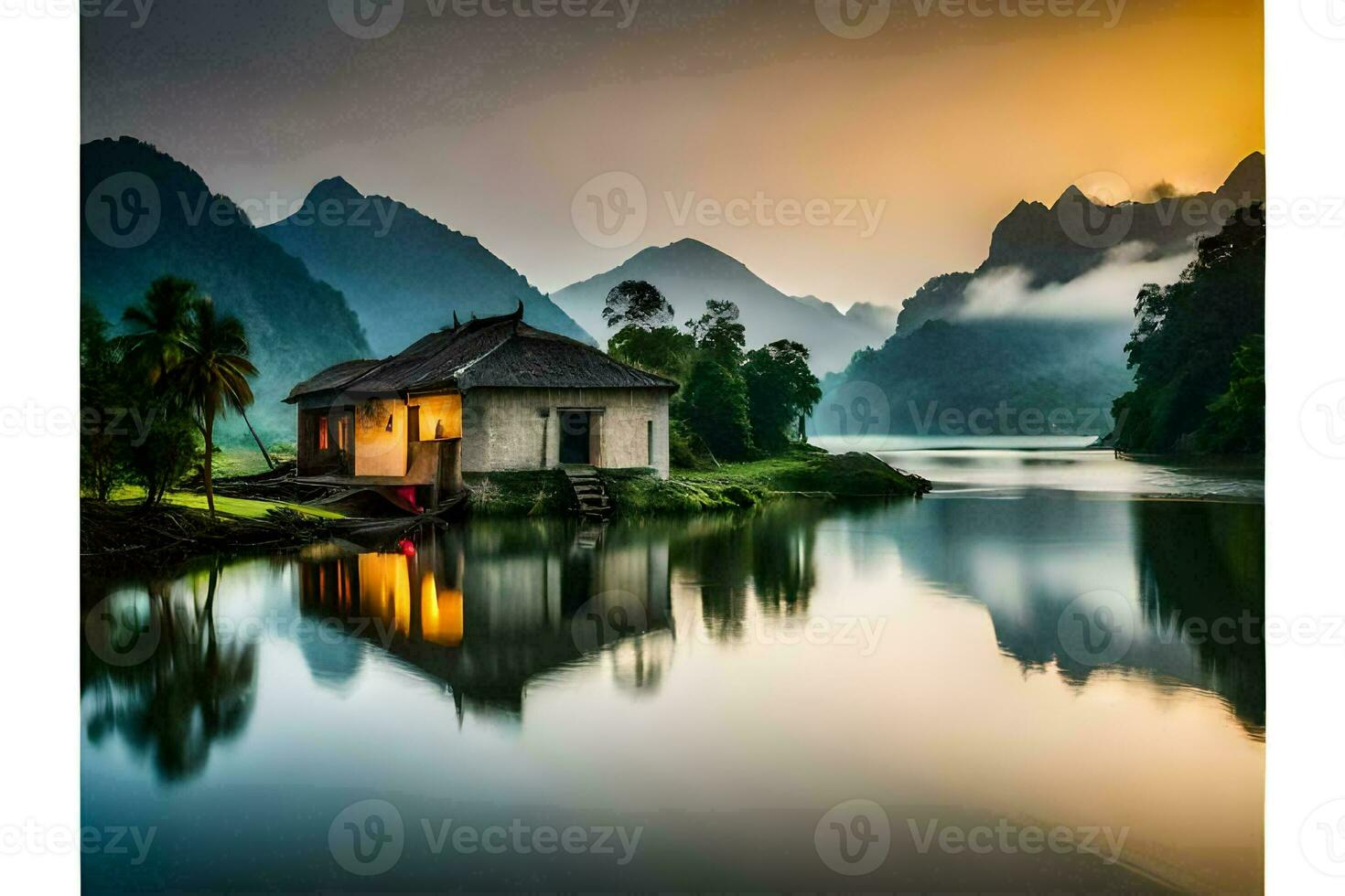 a house sits on the edge of a lake at sunset. AI-Generated photo