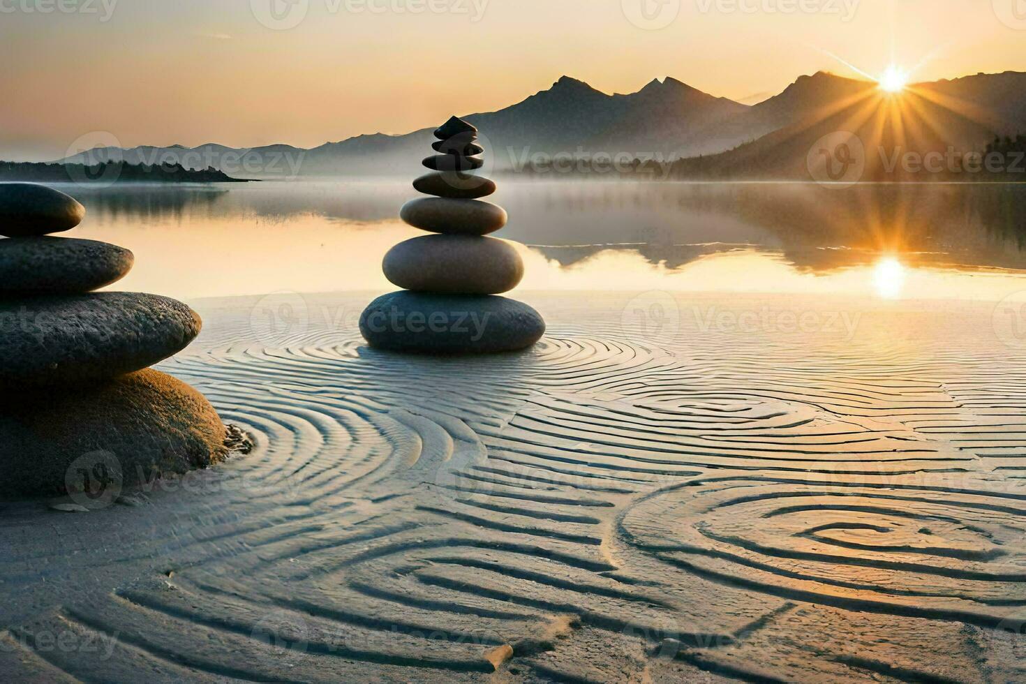 the sun rises over a lake with stones stacked on the shore. AI-Generated photo