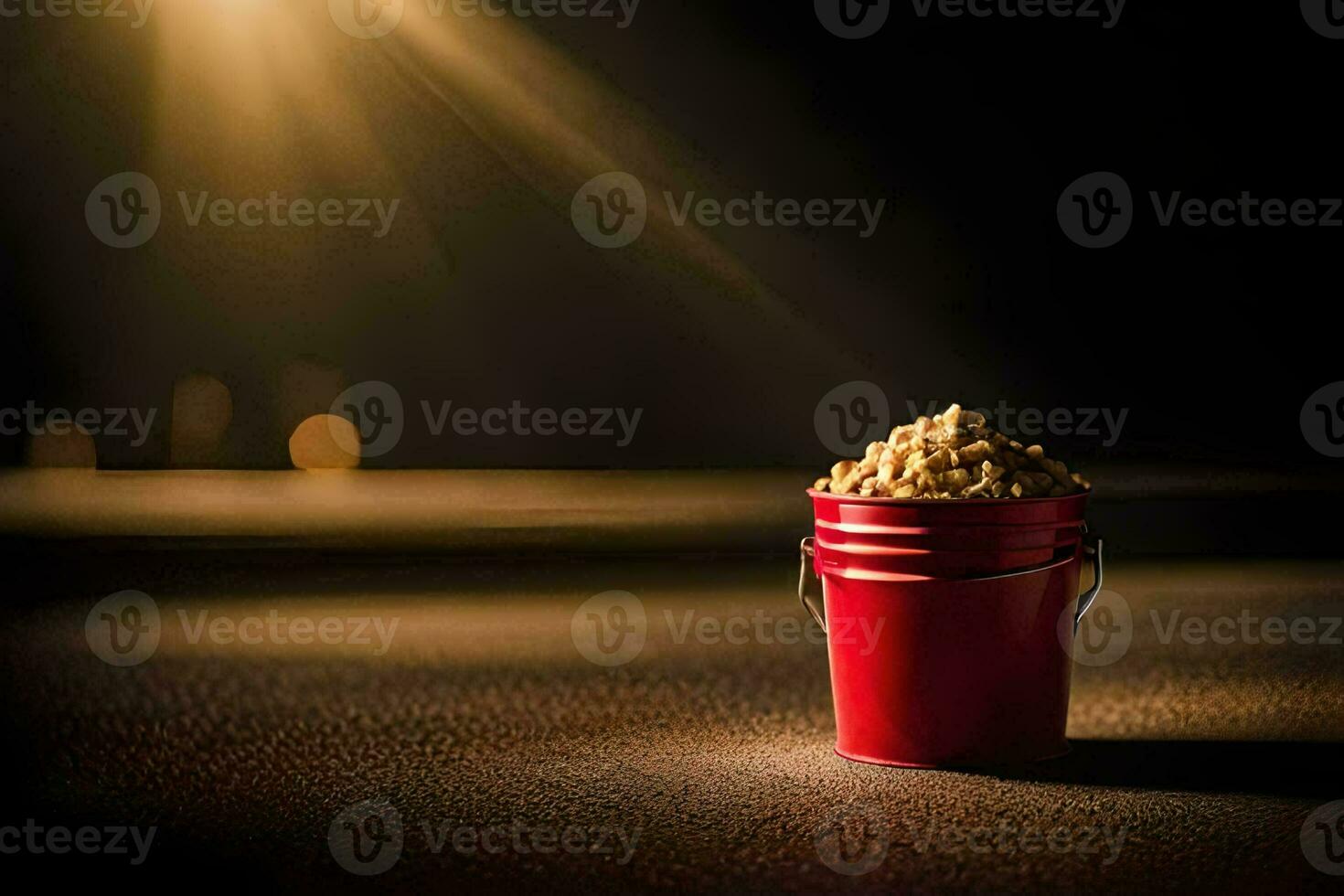 a bucket of popcorn on a table in front of a bright light. AI-Generated photo