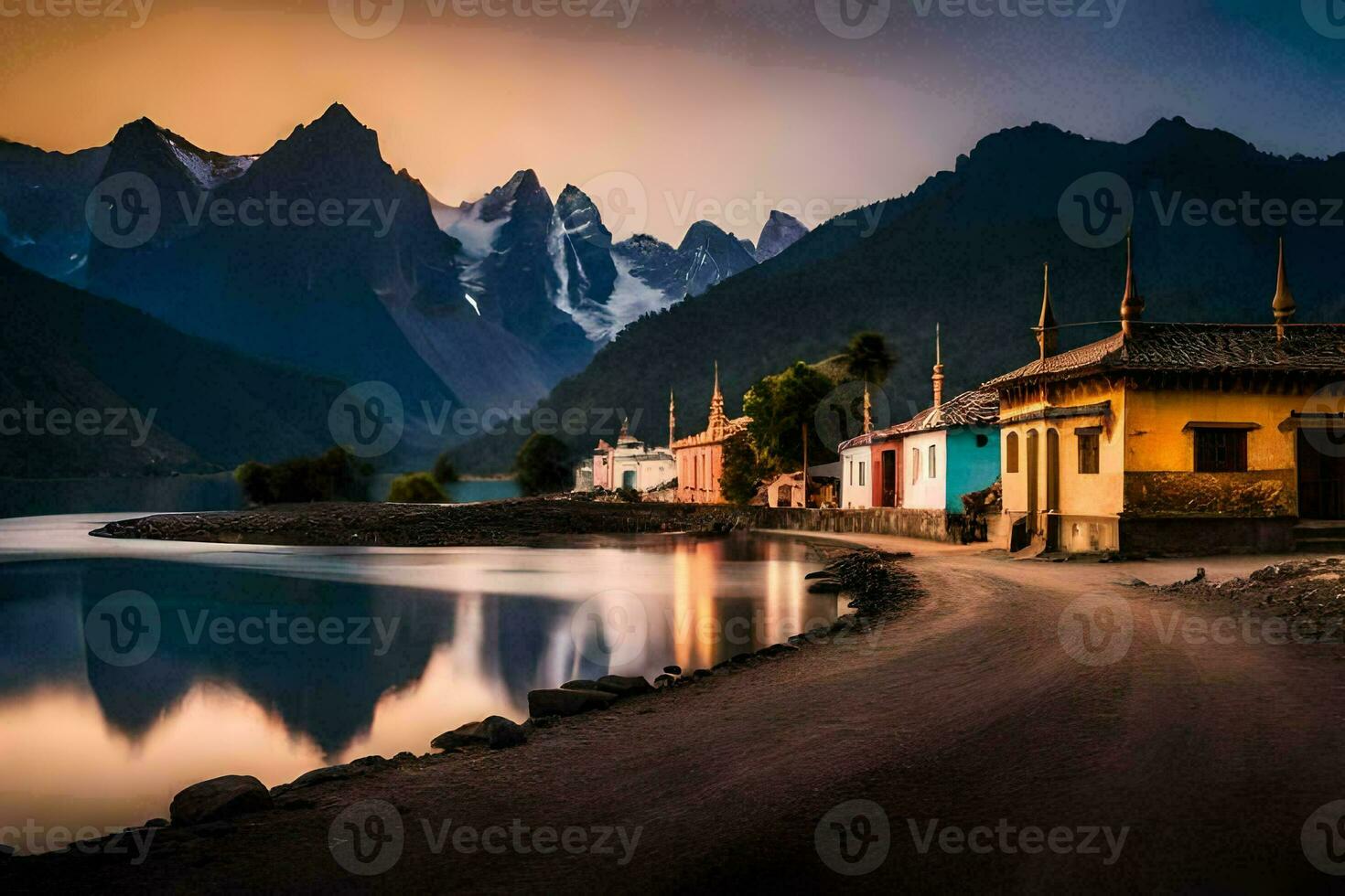 a lake and a mountain range at sunset. AI-Generated photo