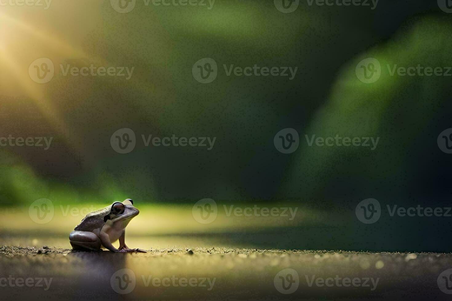 a frog sitting on the ground in front of the sun. AI-Generated photo