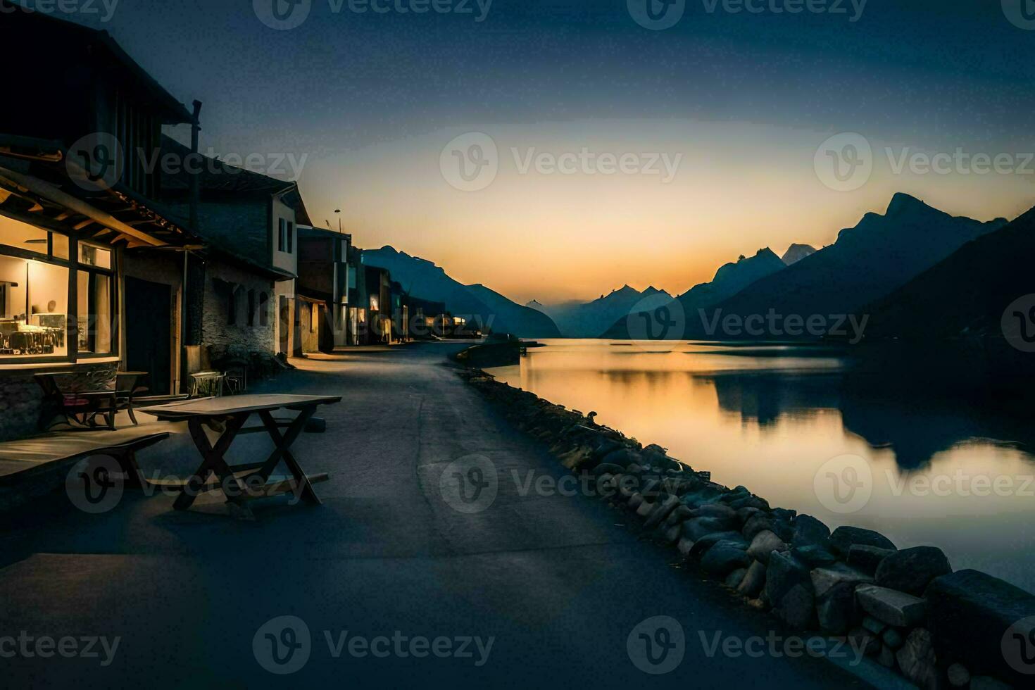 a lake and a mountain at sunset. AI-Generated photo