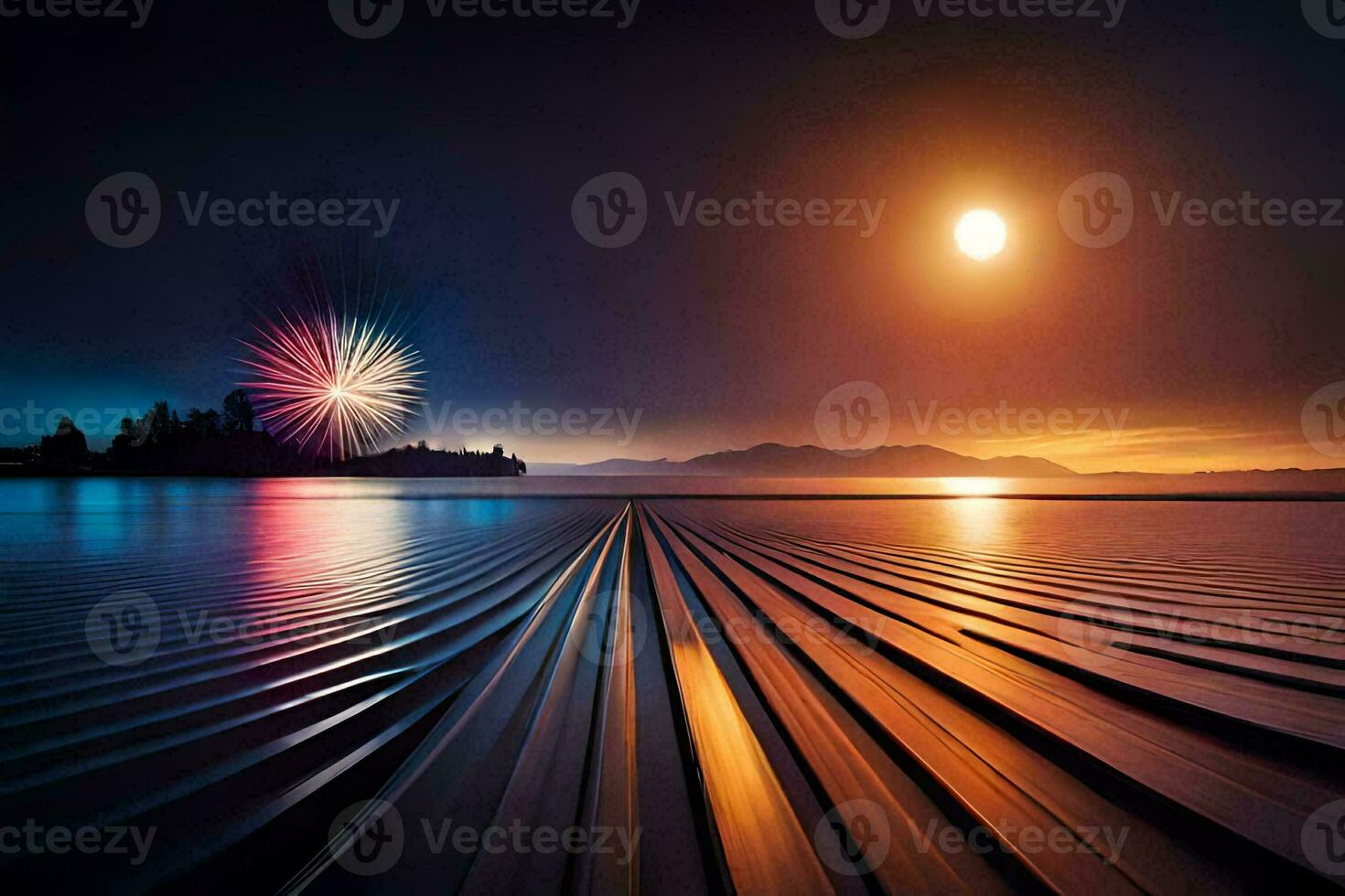 fireworks over the water at night. AI-Generated photo