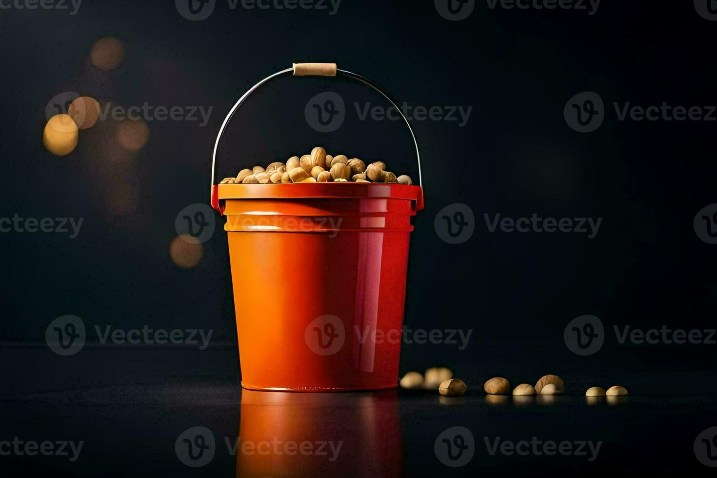 a bucket filled with peanuts on a black background. AI-Generated photo