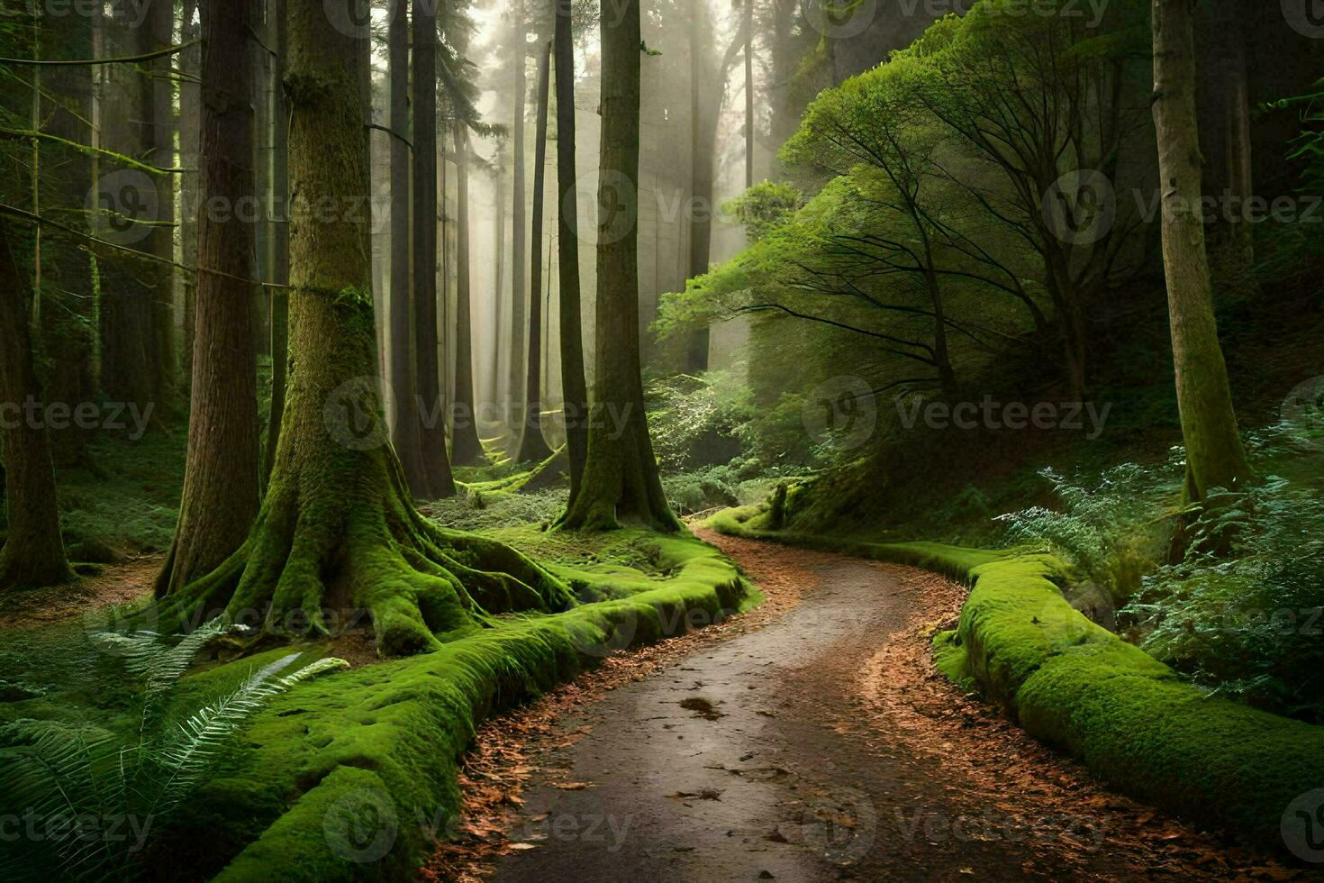 a path through a forest with mossy trees. AI-Generated photo