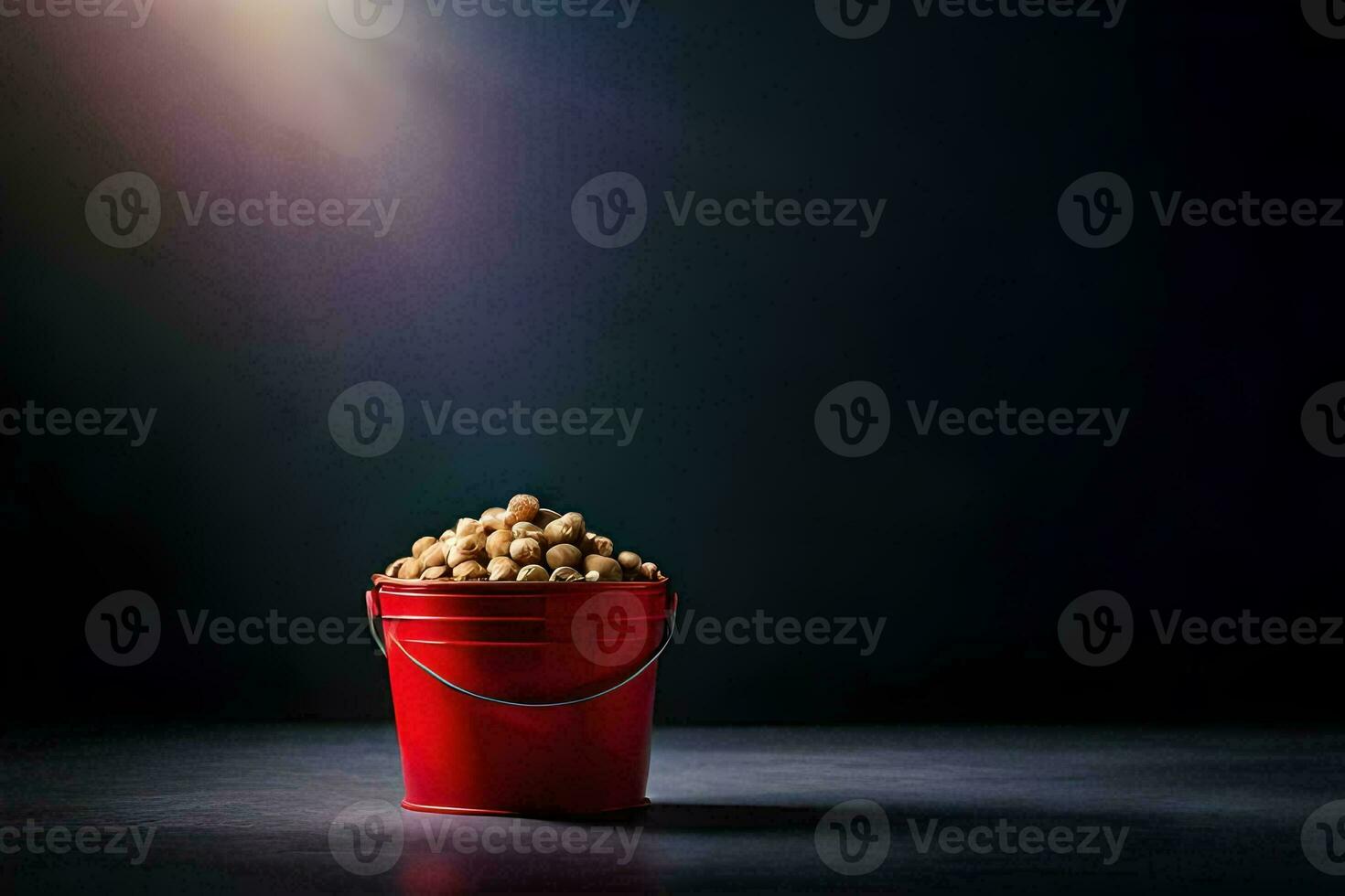 a red bucket filled with peanuts on a dark background. AI-Generated photo