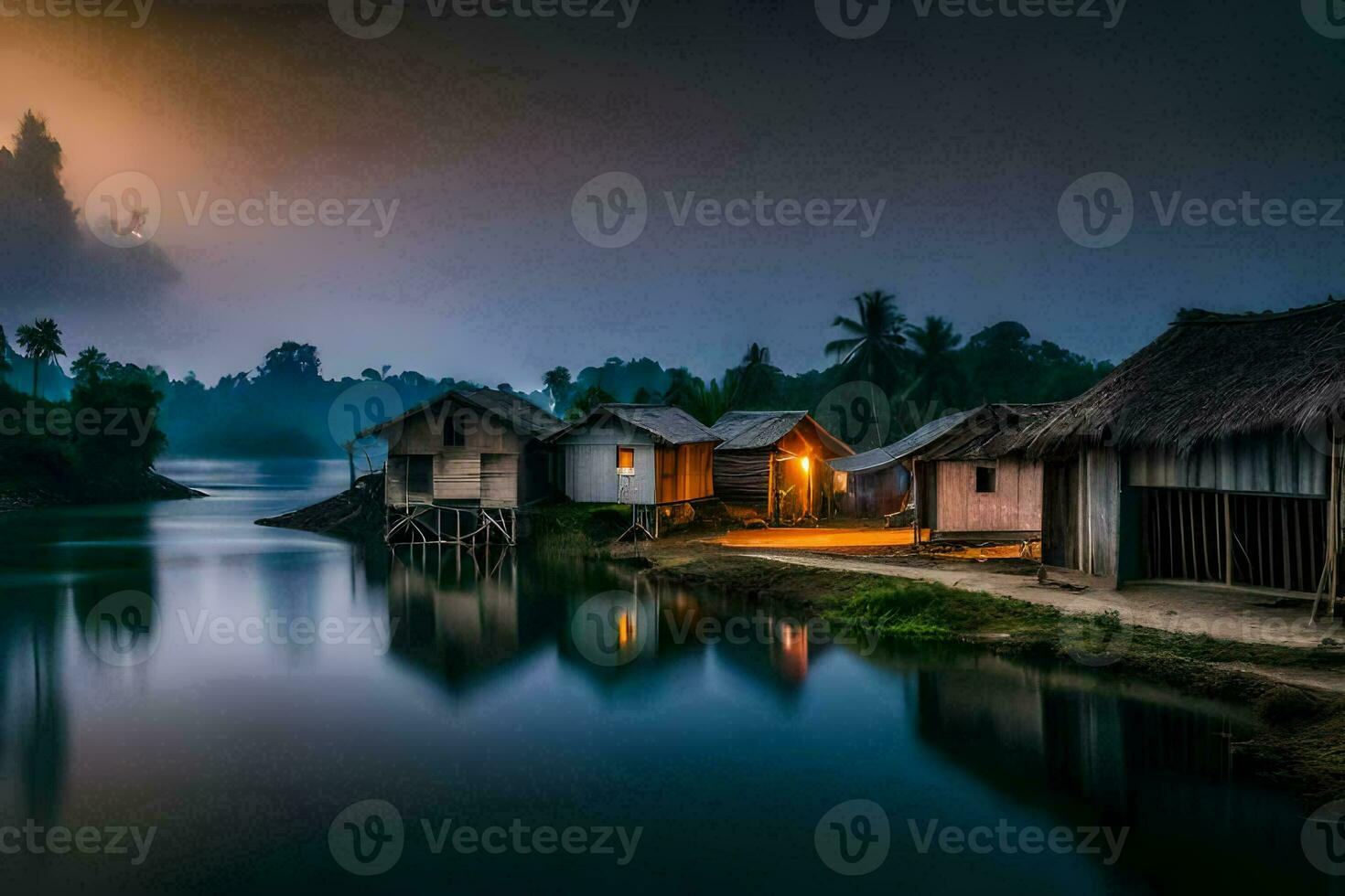 un pequeño pueblo por el agua con tejado de paja chozas generado por ai foto