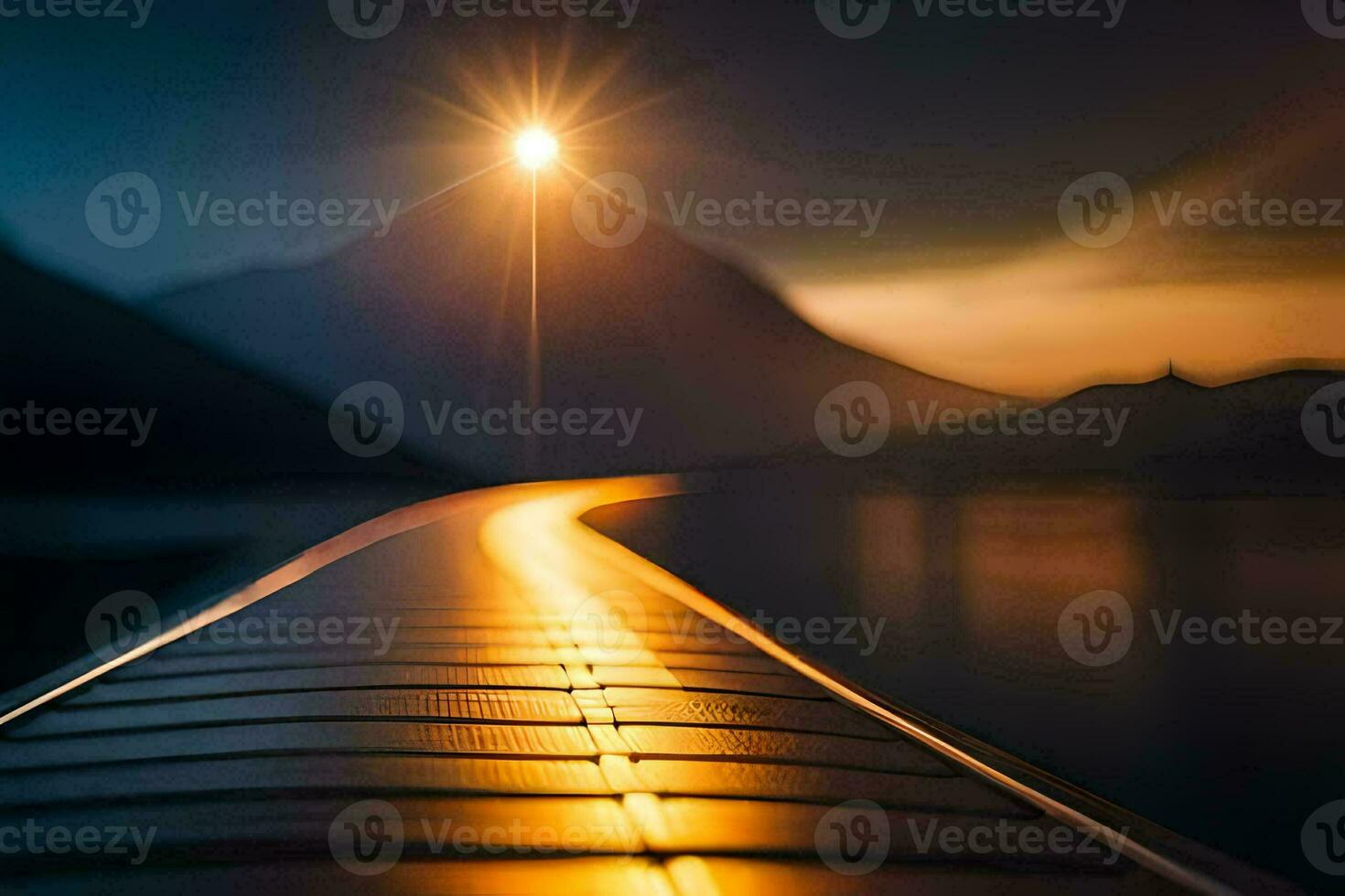 a long wooden bridge over a lake with the sun shining. AI-Generated photo