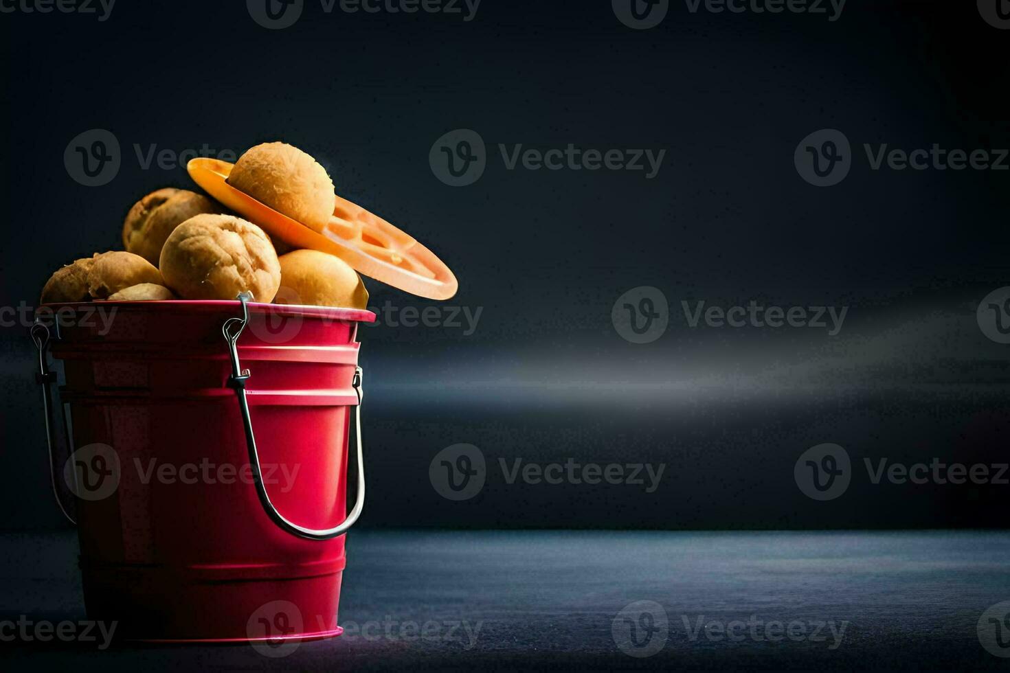 a bucket filled with doughnuts on a dark background. AI-Generated photo