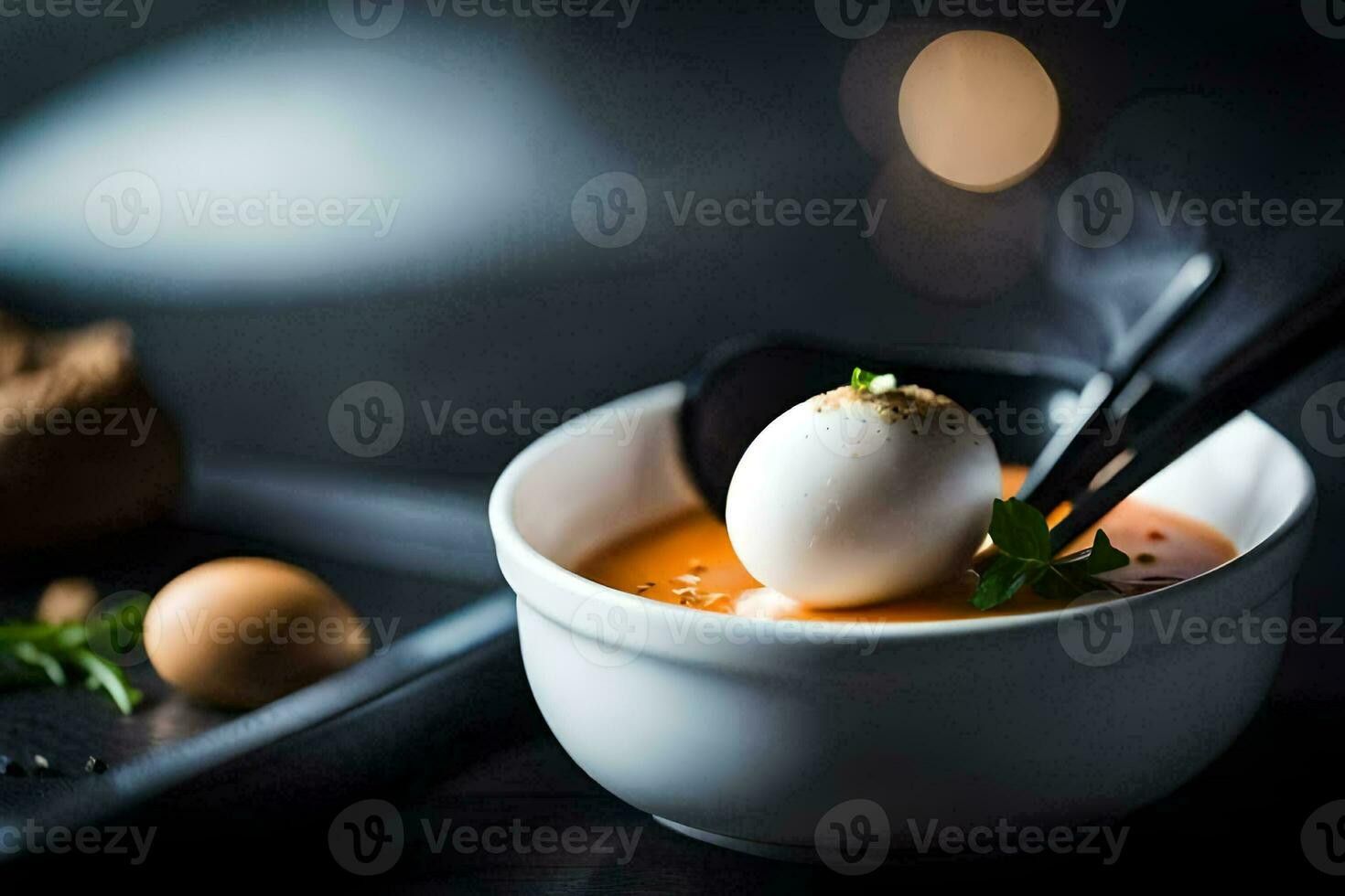 a bowl of soup with an egg in it. AI-Generated photo