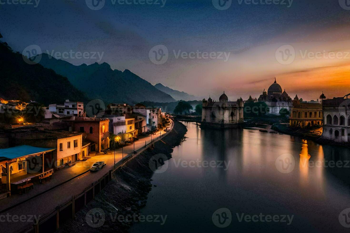 a river in the middle of a town at sunset. AI-Generated photo