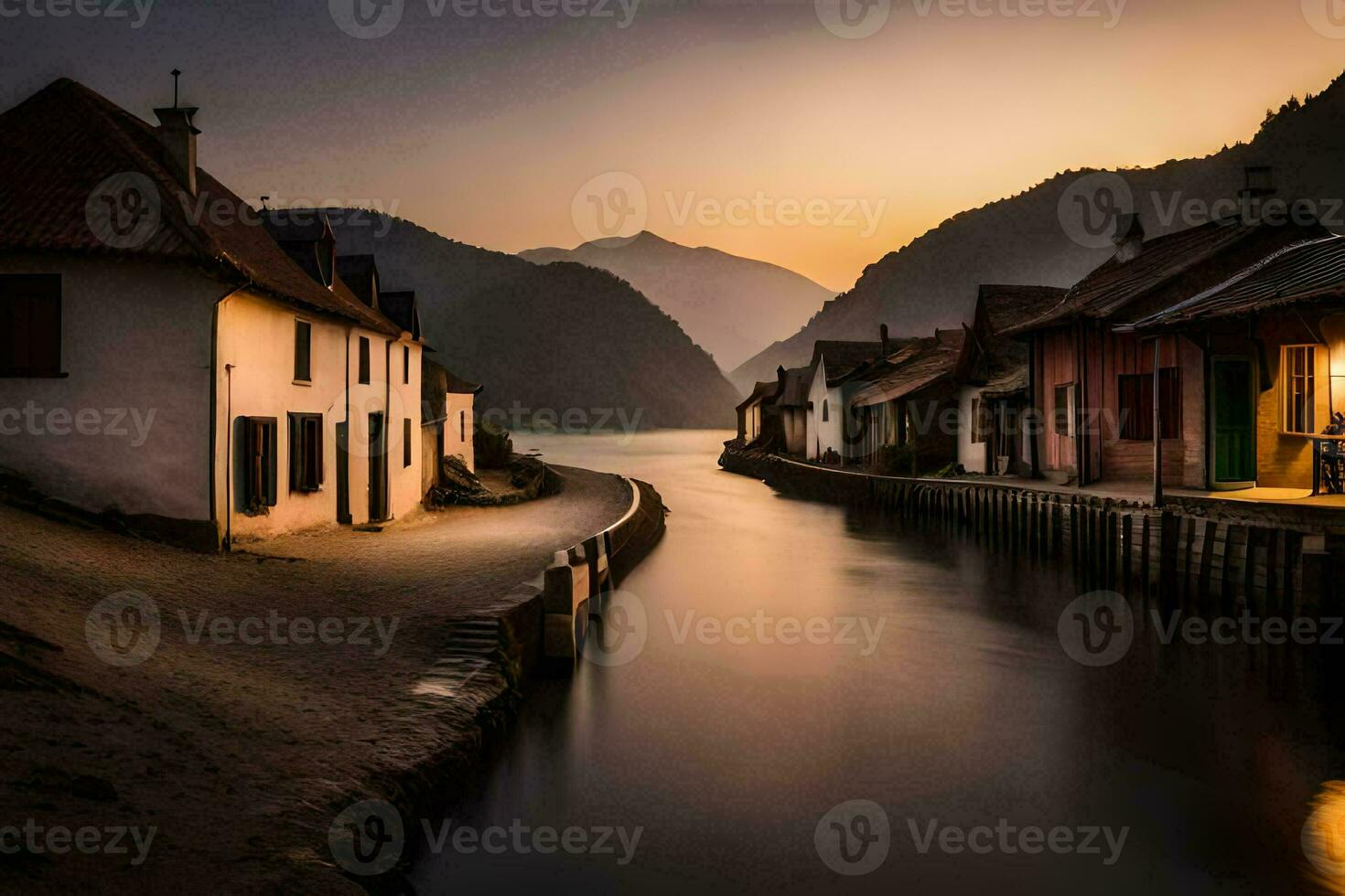 photo wallpaper the sky, water, mountains, houses, the sun, the mountains, the water. AI-Generated