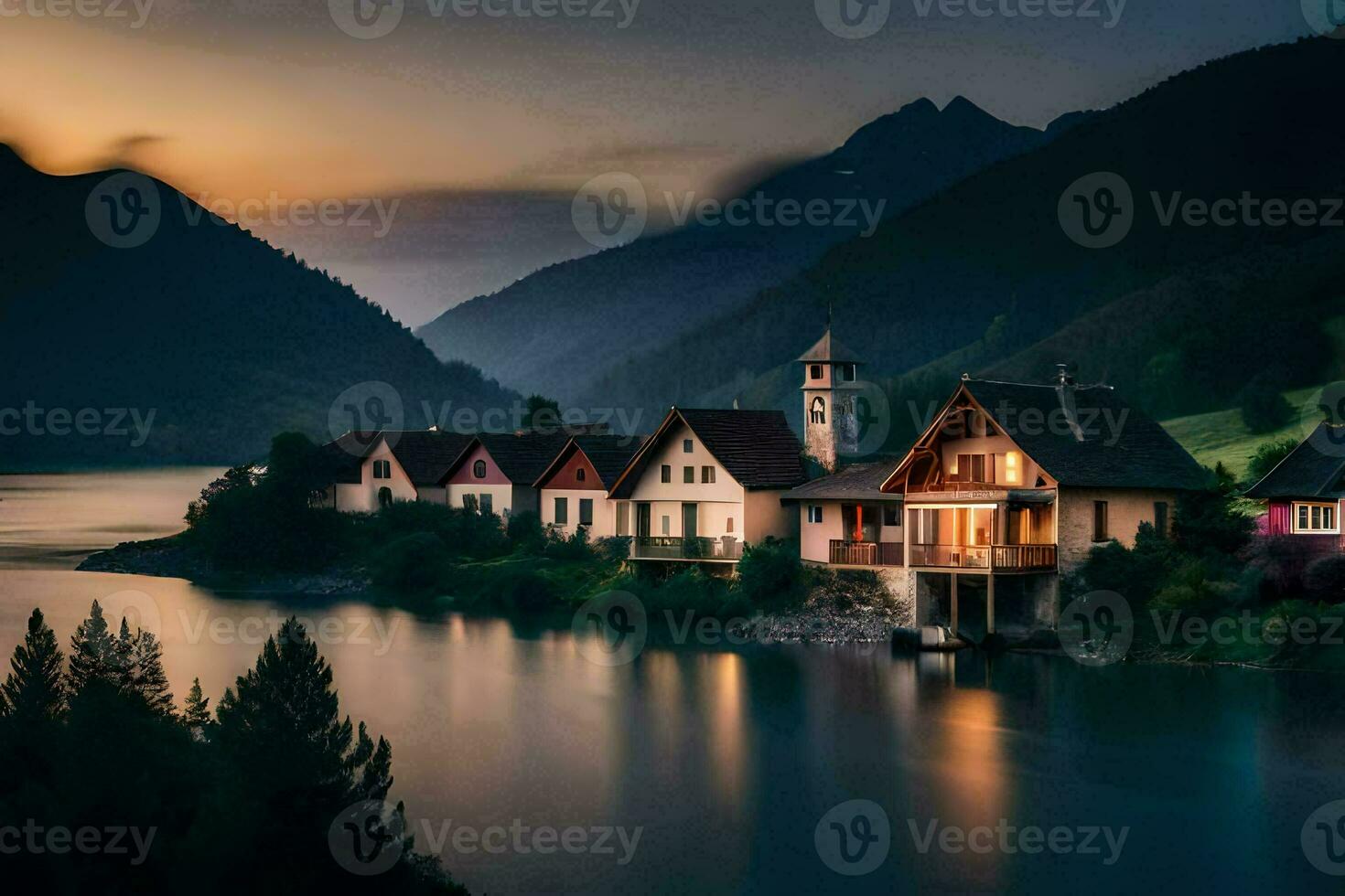 a lake and houses in the mountains at sunset. AI-Generated photo