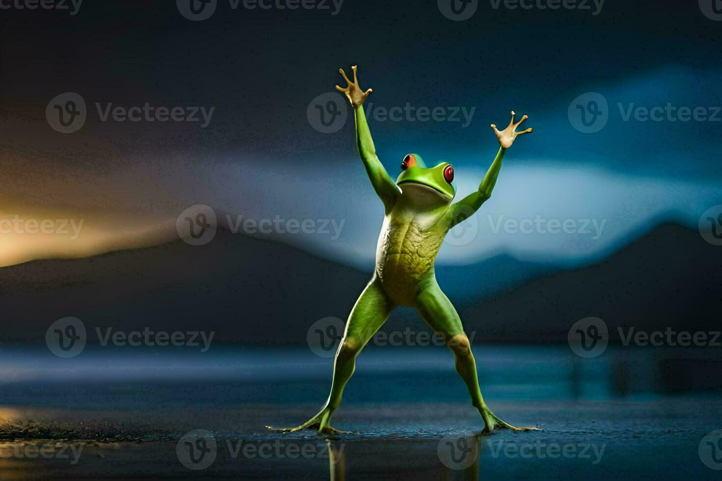 a frog standing on its hind legs with its arms up in the air. AI-Generated photo