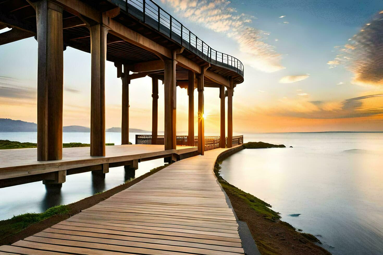 a wooden pier with a sunset over the water. AI-Generated photo