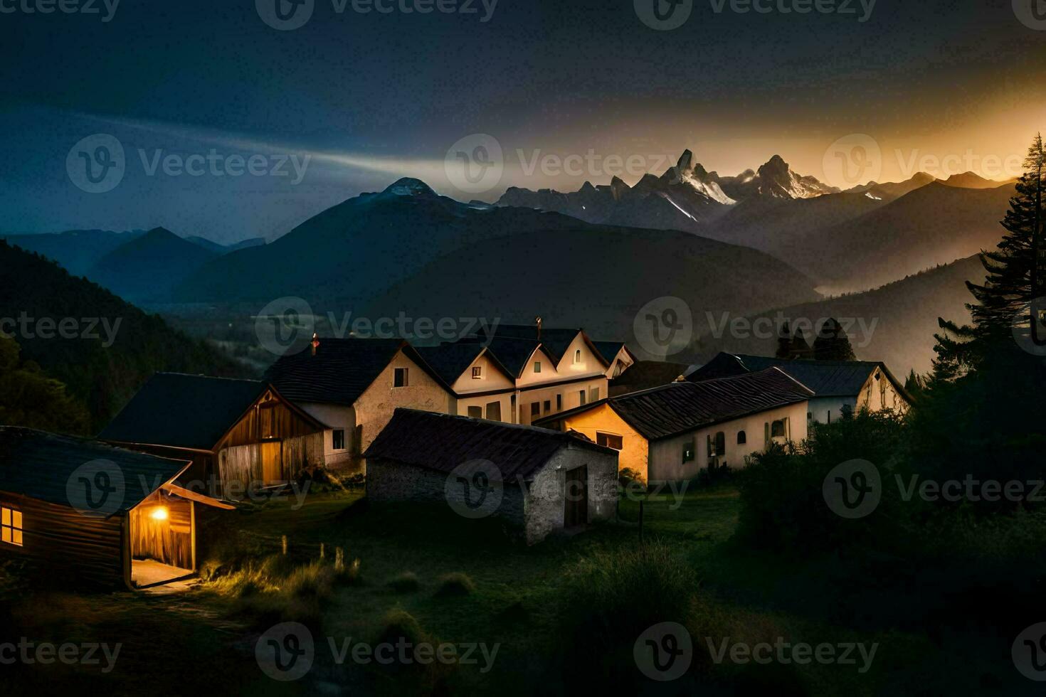 foto fondo de pantalla el cielo, montañas, el sol, el montañas, el aldea, el montañas,. generado por ai