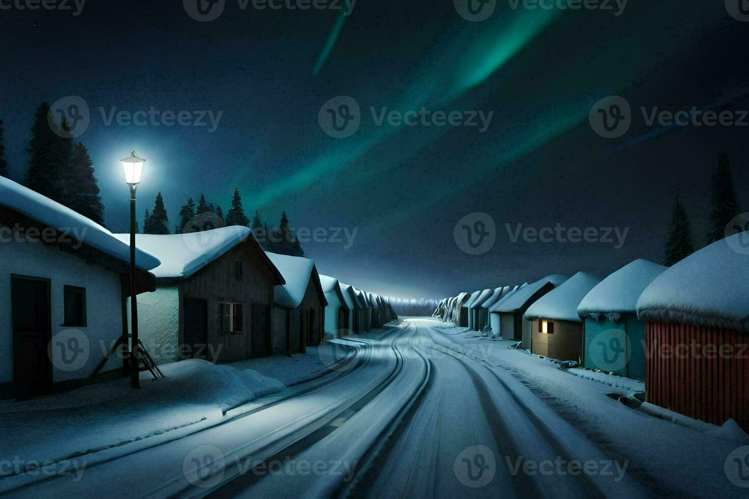 a snowy road with houses and lights in the background. AI-Generated photo