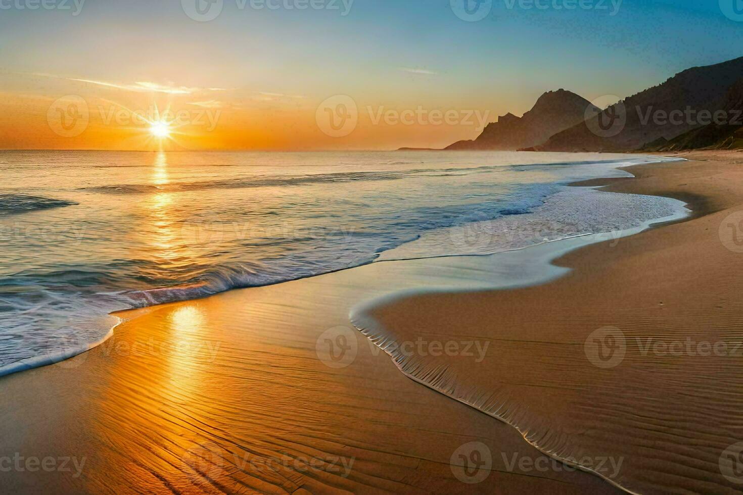 the sun sets on the beach in portugal. AI-Generated photo