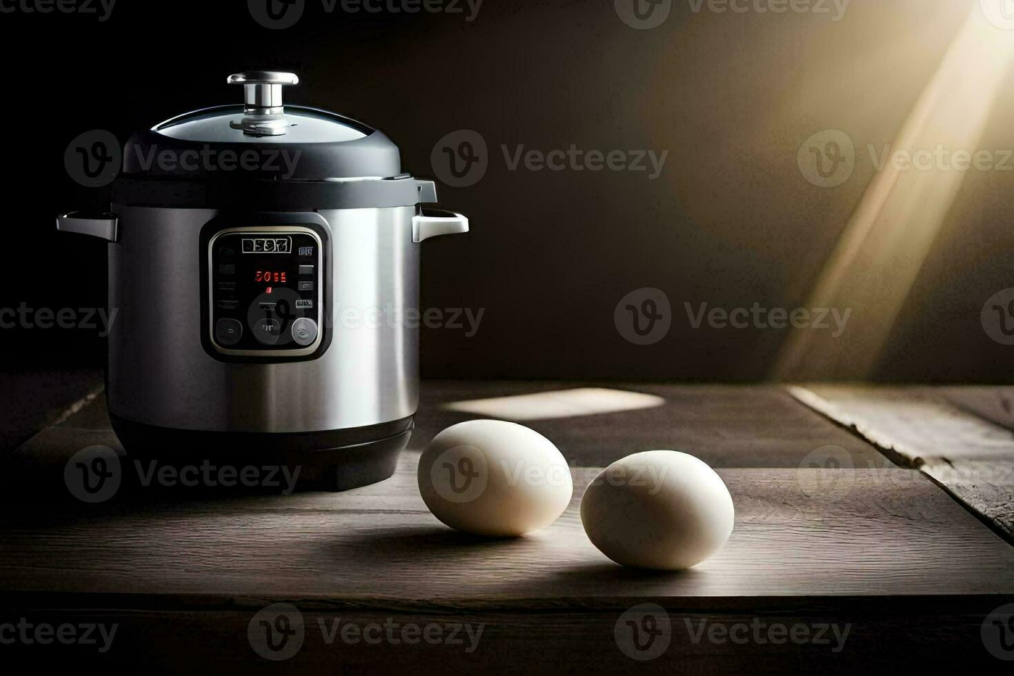 an instant pot and two eggs on a table. AI-Generated photo