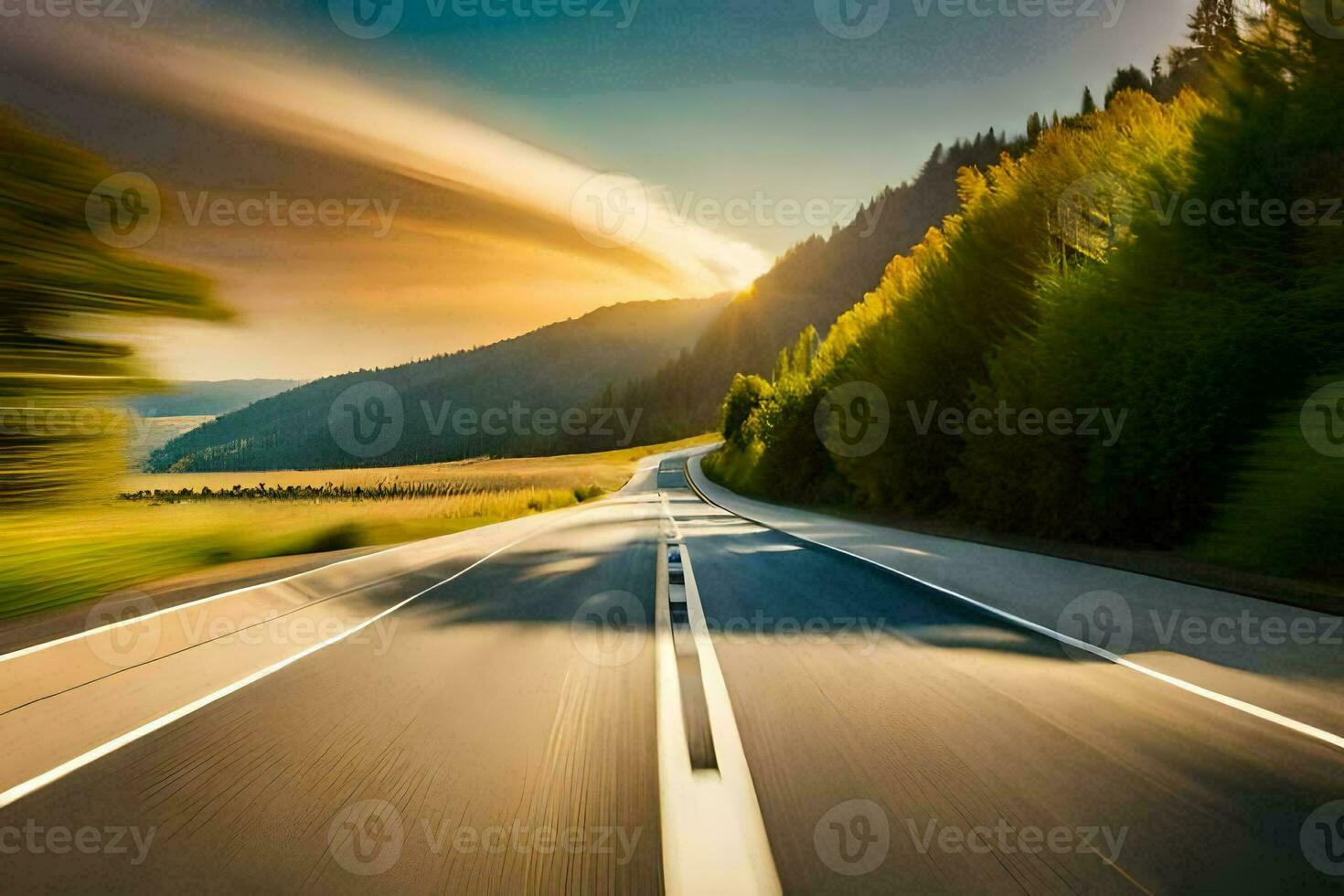 a blurry image of a road with trees and mountains. AI-Generated photo