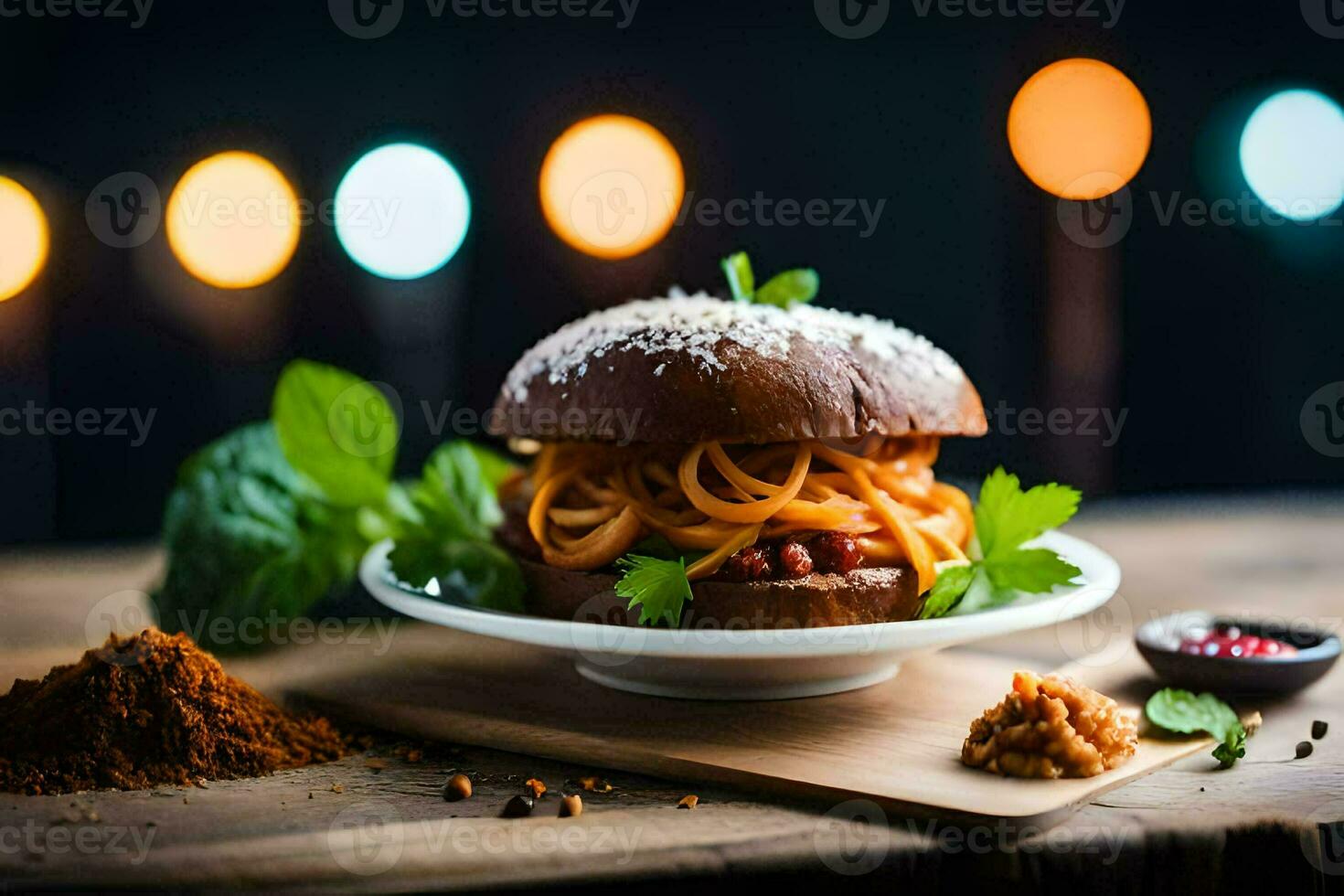 a burger with spaghetti on a plate. AI-Generated photo