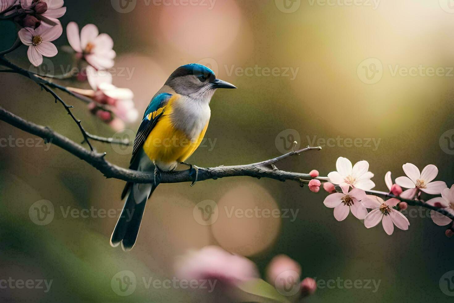 a bird sits on a branch with flowers in the background. AI-Generated photo