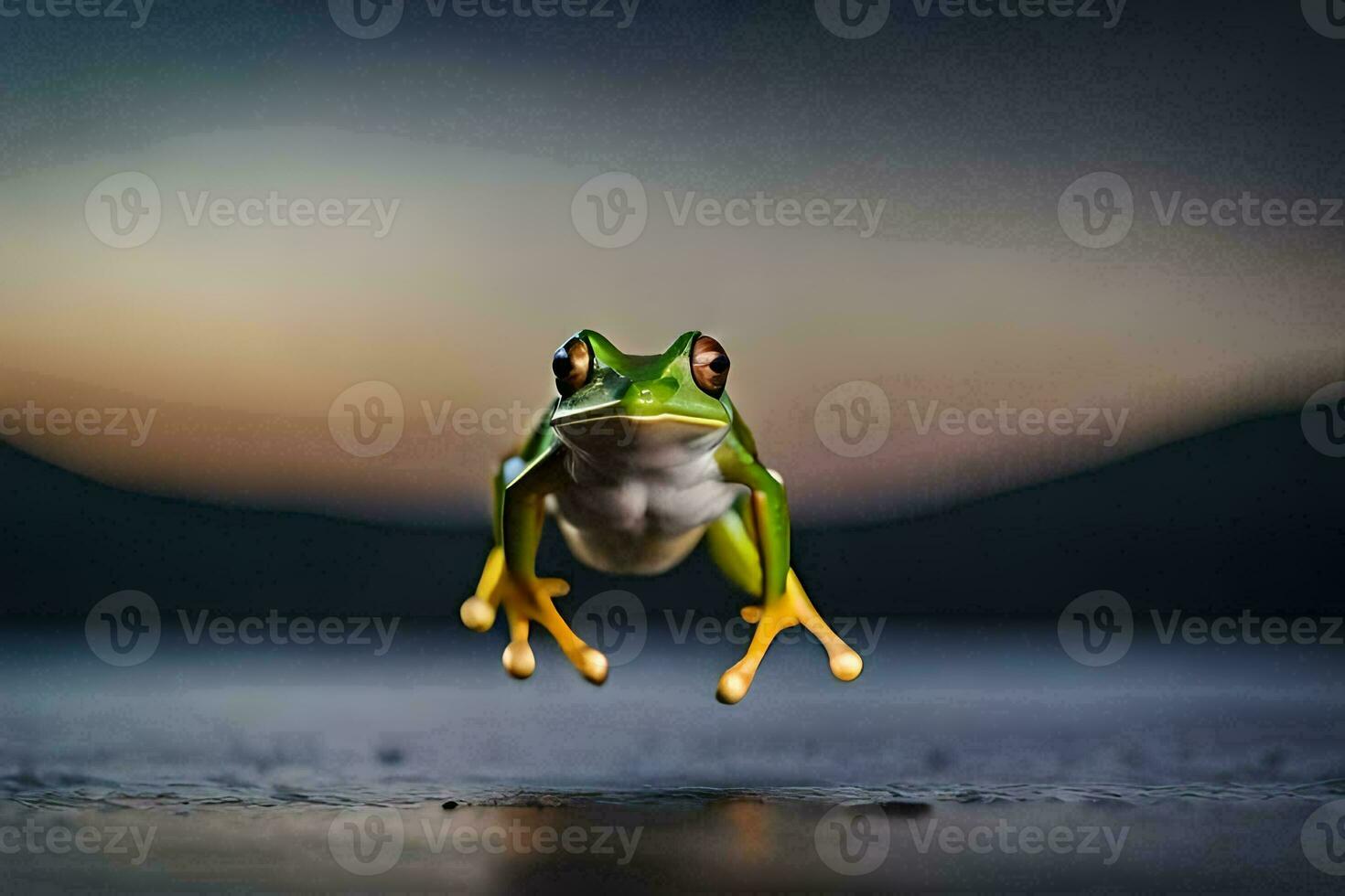 a frog jumping in the air with its legs spread. AI-Generated photo