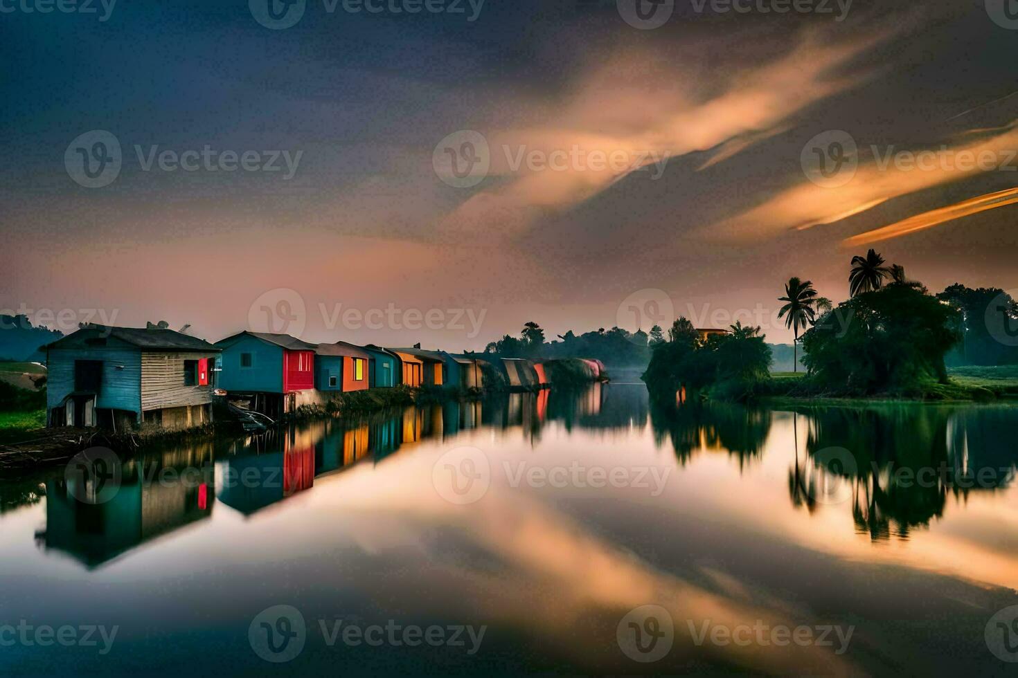 a river with many colorful houses on it. AI-Generated photo