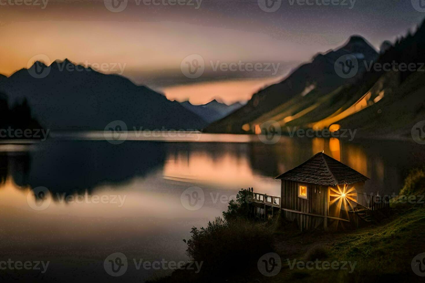 a small cabin sits on the shore of a lake at sunset. AI-Generated photo